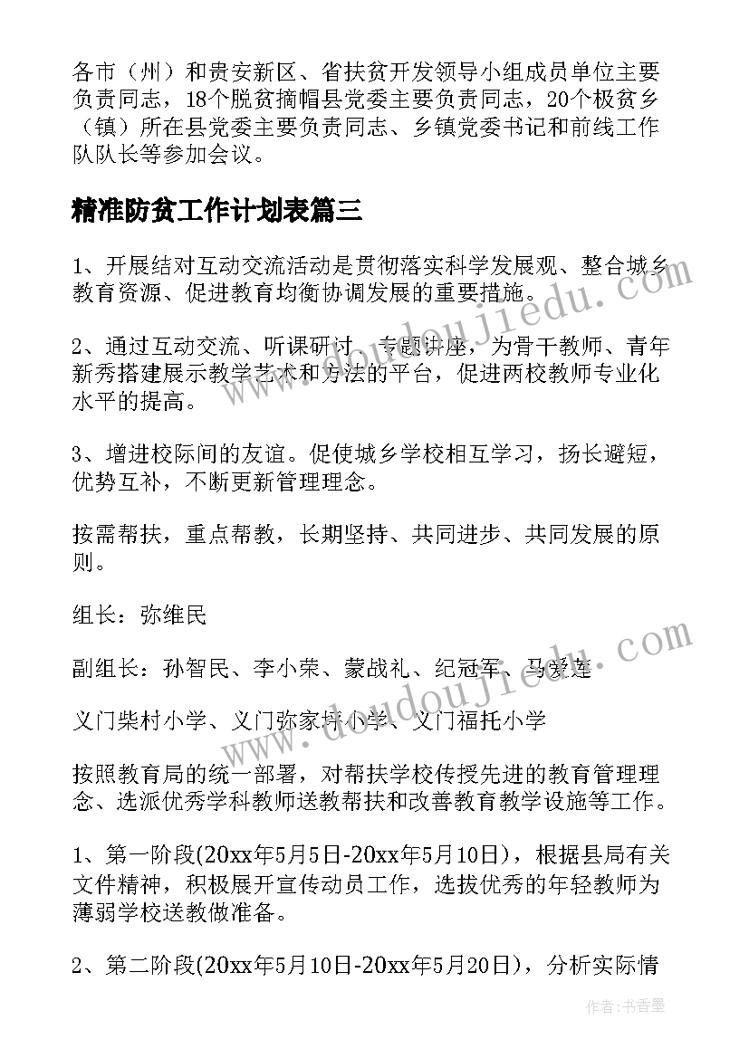 精准防贫工作计划表(优秀5篇)