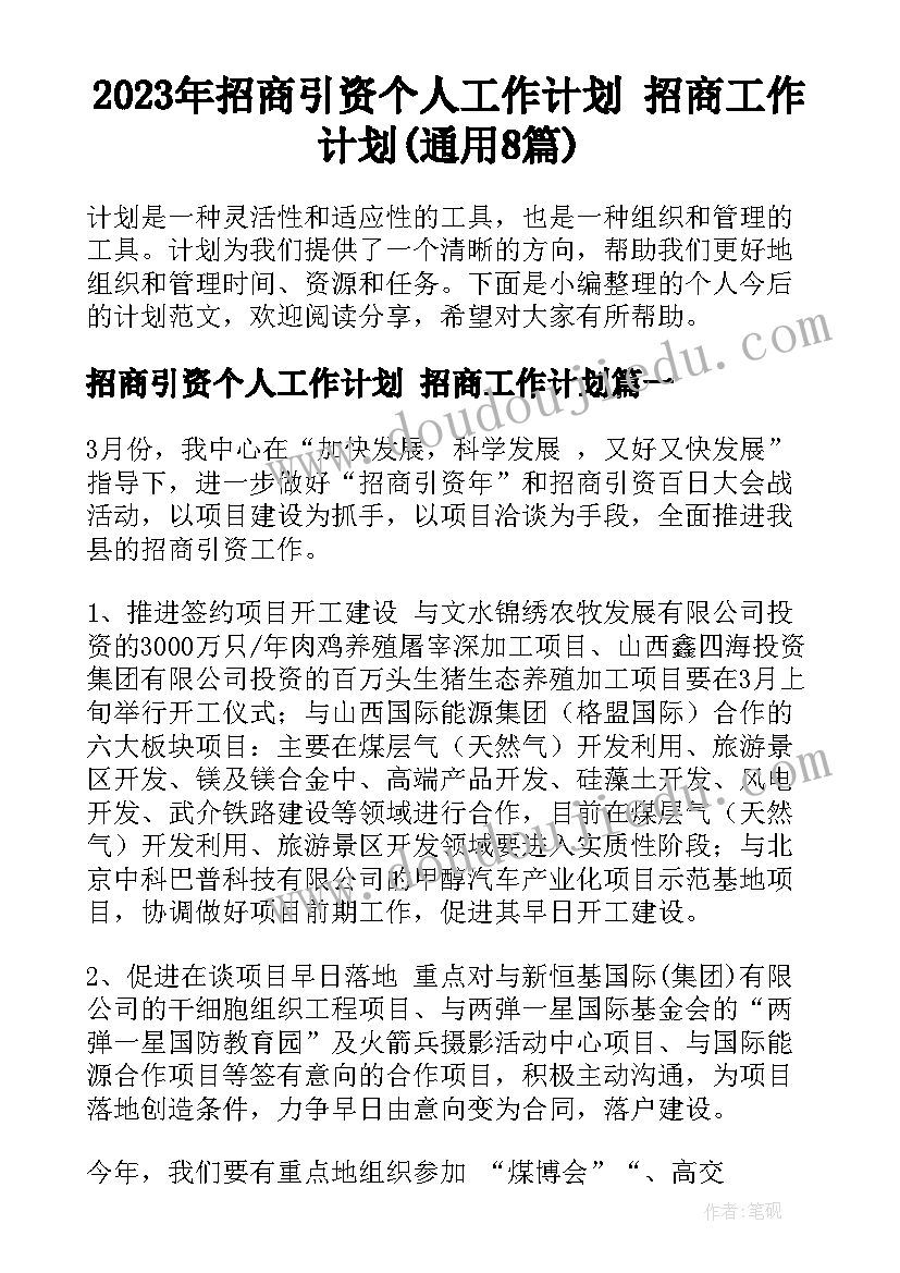 2023年招商引资个人工作计划 招商工作计划(通用8篇)