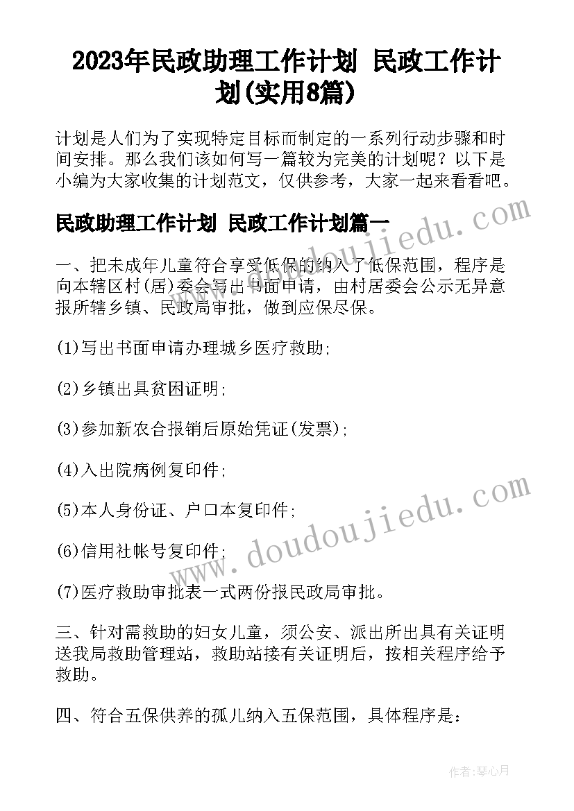 2023年民政助理工作计划 民政工作计划(实用8篇)