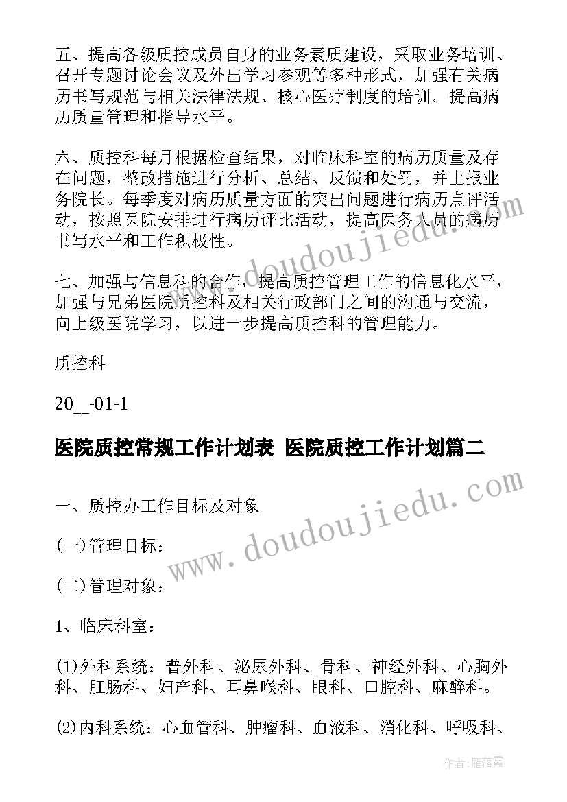 最新医院质控常规工作计划表 医院质控工作计划(模板5篇)