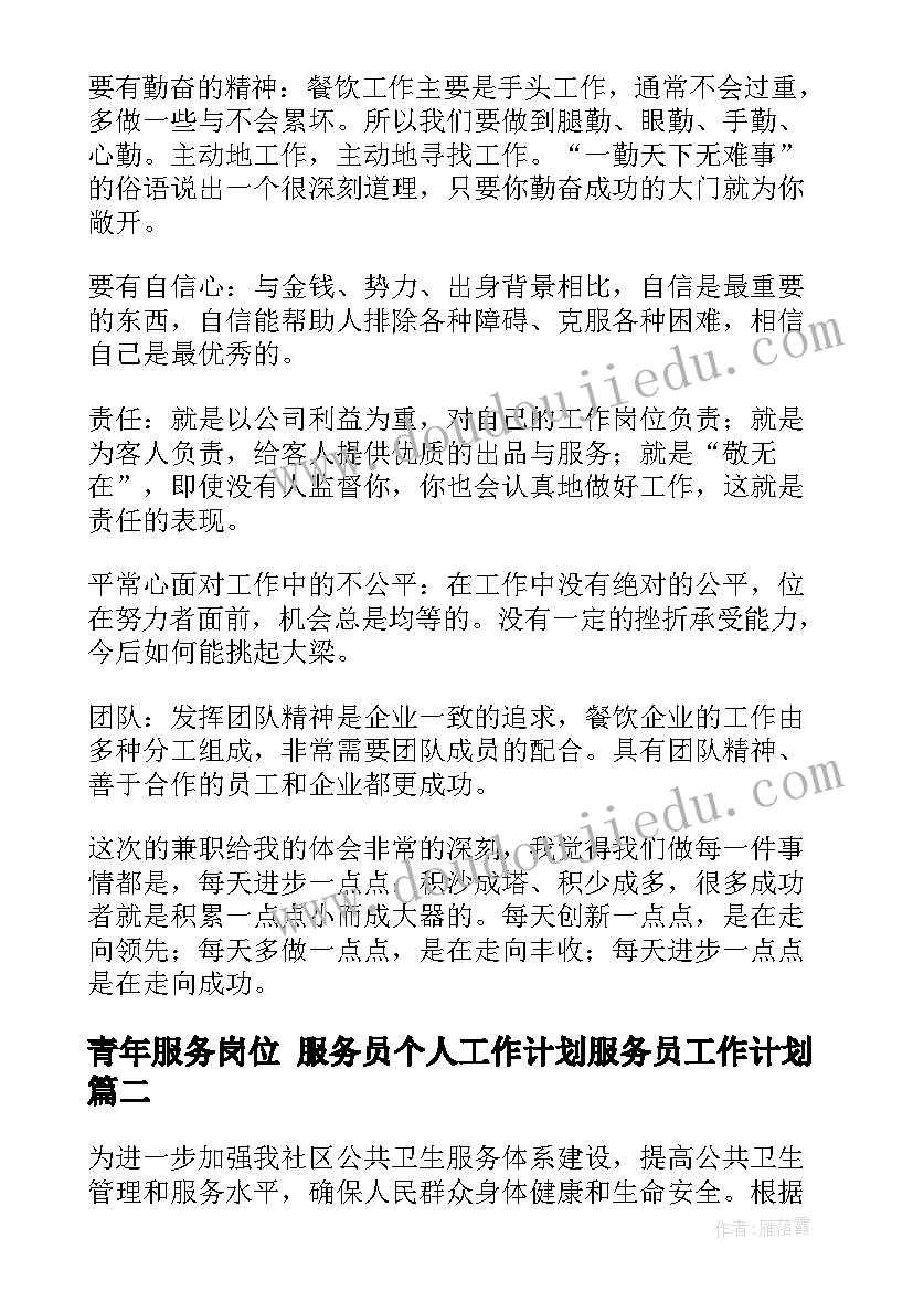 青年服务岗位 服务员个人工作计划服务员工作计划(优质5篇)