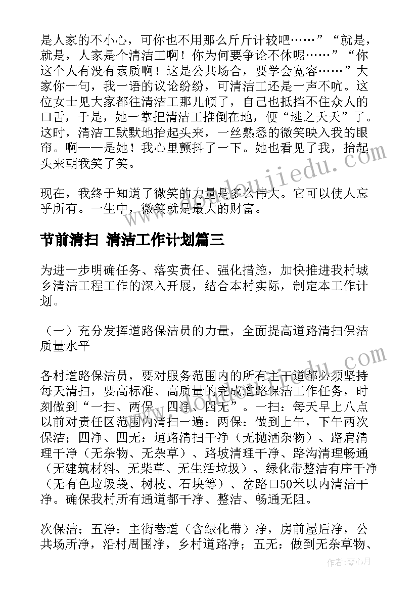 最新节前清扫 清洁工作计划(实用5篇)