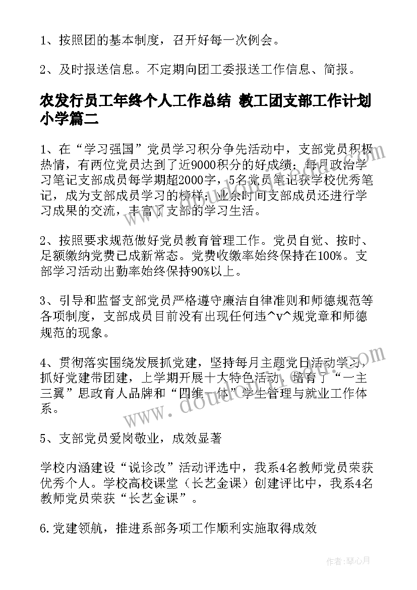 2023年农发行员工年终个人工作总结 教工团支部工作计划小学(大全5篇)