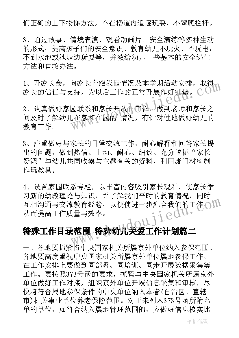 2023年特殊工作目录范围 特殊幼儿关爱工作计划(模板7篇)