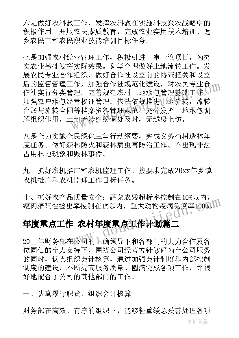 最新年度重点工作 农村年度重点工作计划(精选8篇)