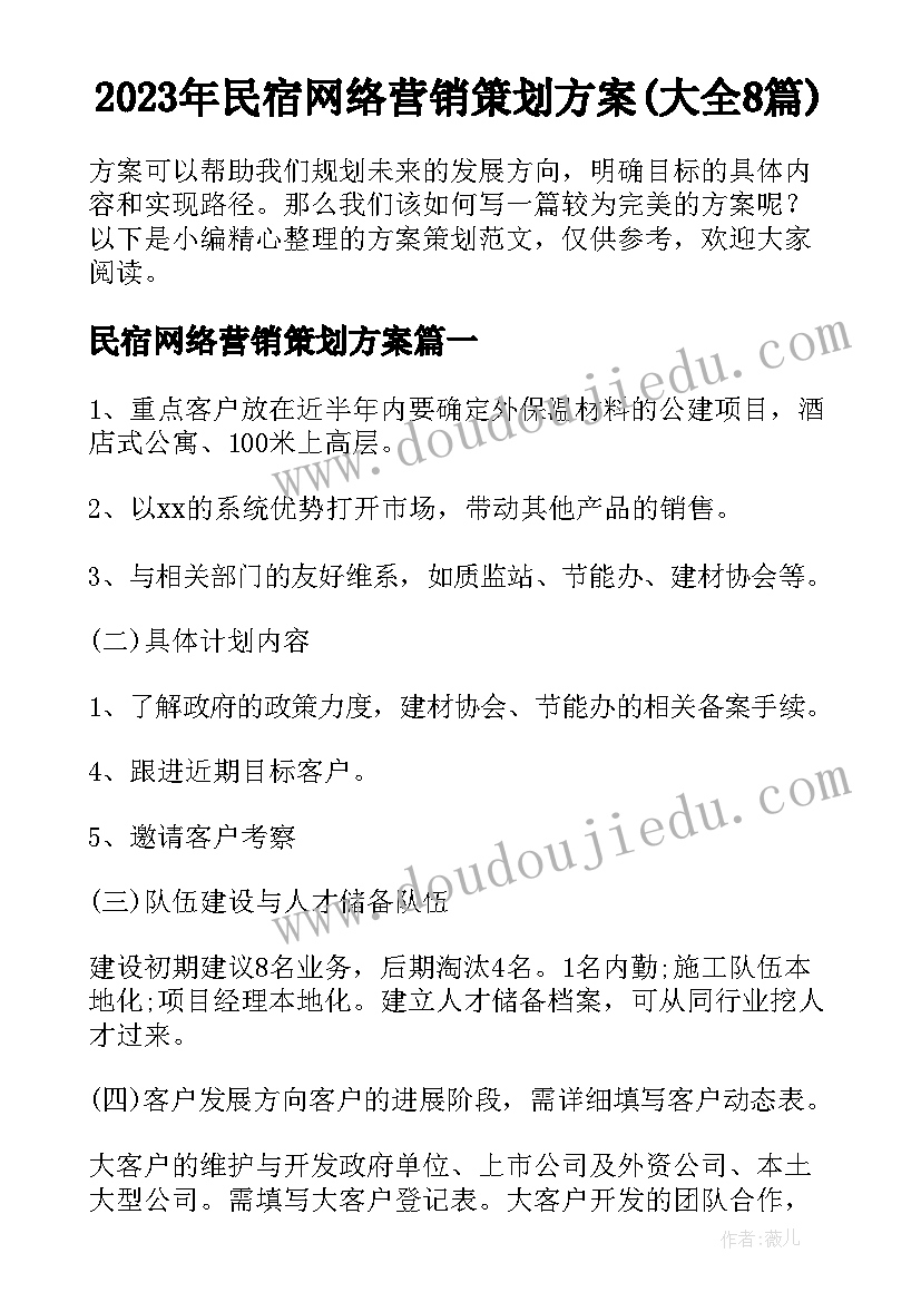 2023年民宿网络营销策划方案(大全8篇)