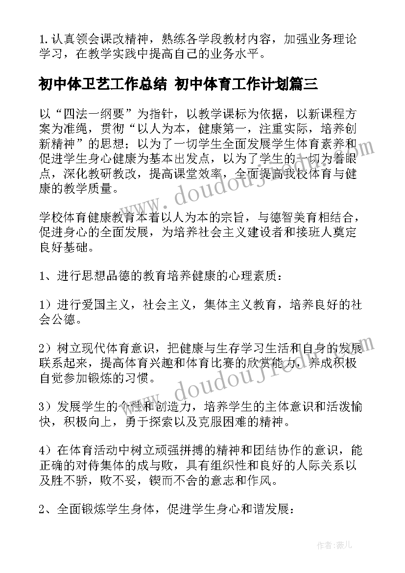 2023年初中体卫艺工作总结 初中体育工作计划(大全9篇)