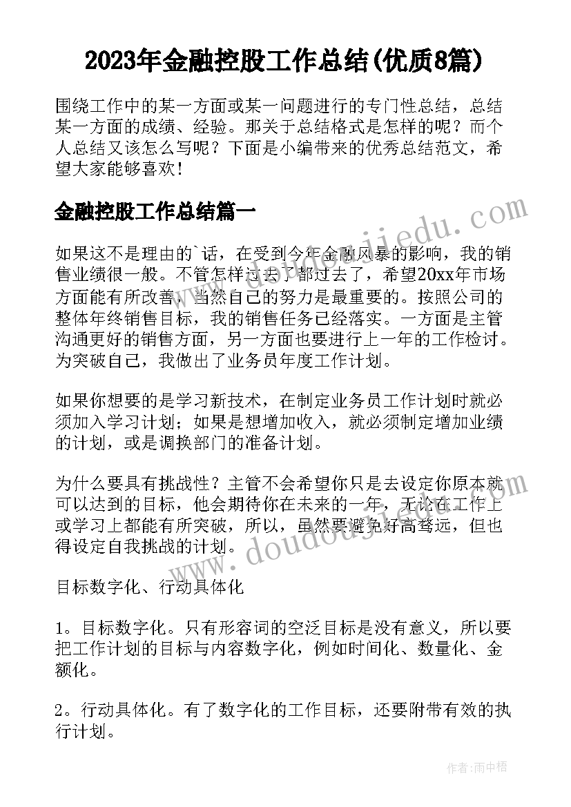 2023年金融控股工作总结(优质8篇)