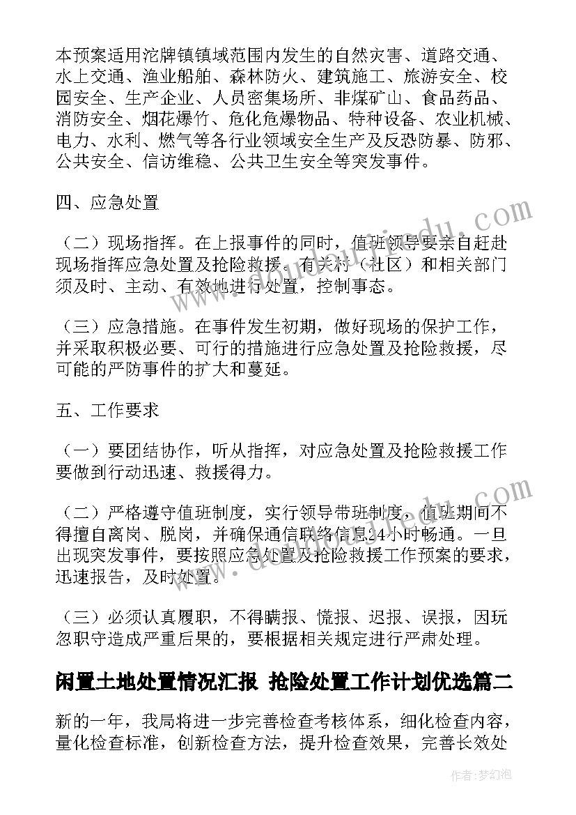 最新闲置土地处置情况汇报 抢险处置工作计划优选(模板5篇)