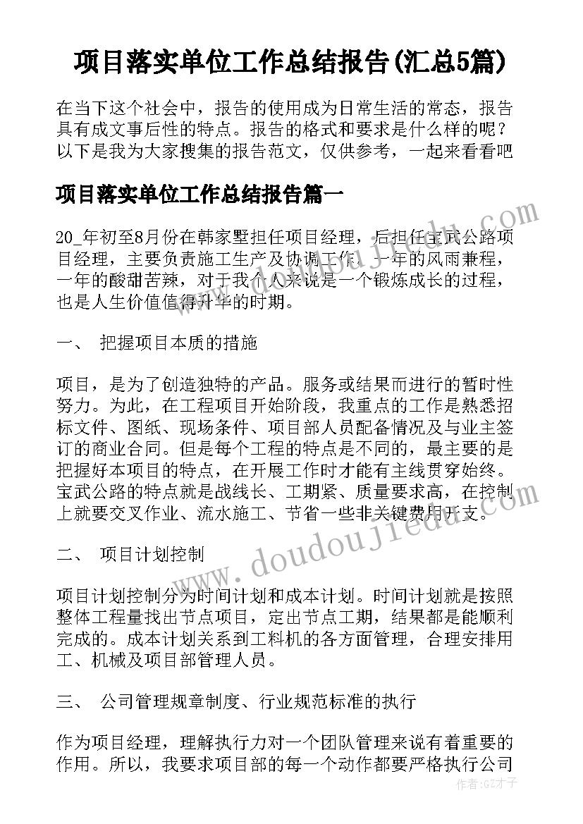 项目落实单位工作总结报告(汇总5篇)