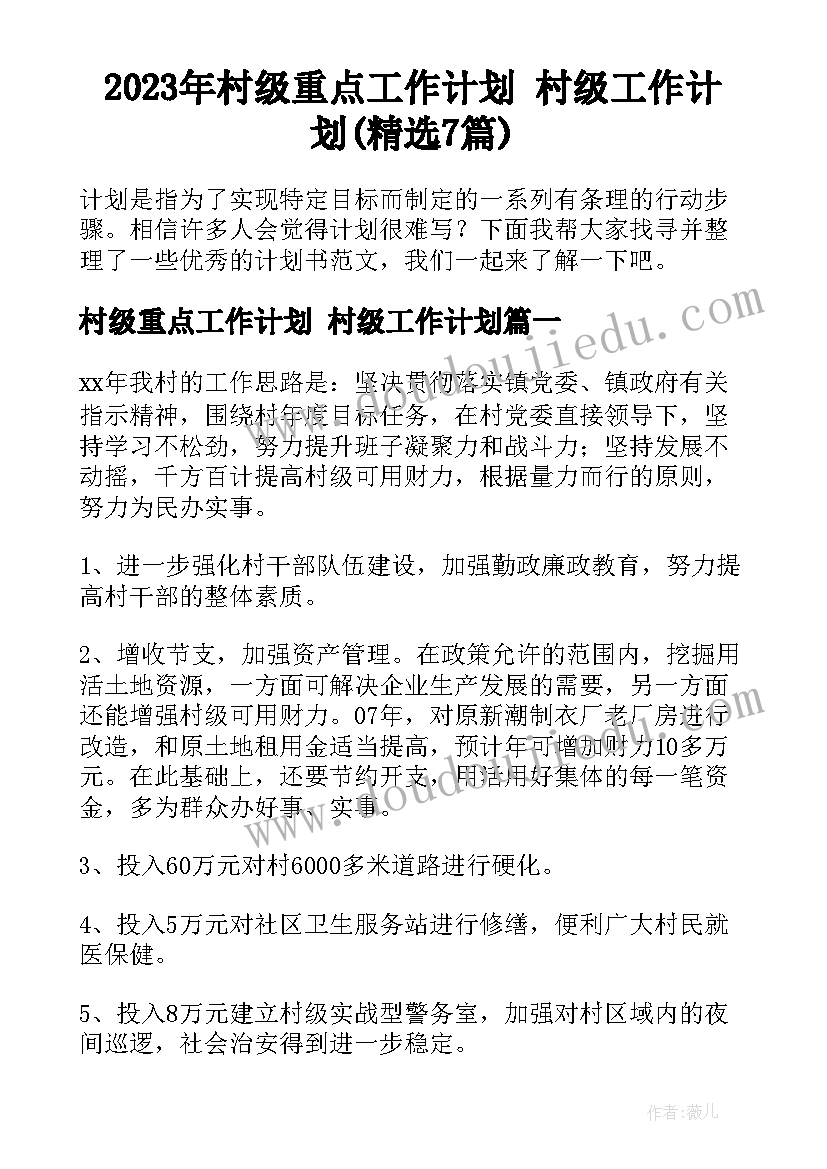 2023年村级重点工作计划 村级工作计划(精选7篇)