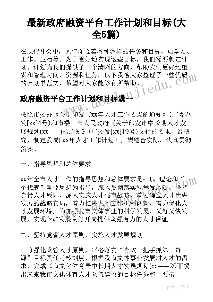 最新政府融资平台工作计划和目标(大全5篇)