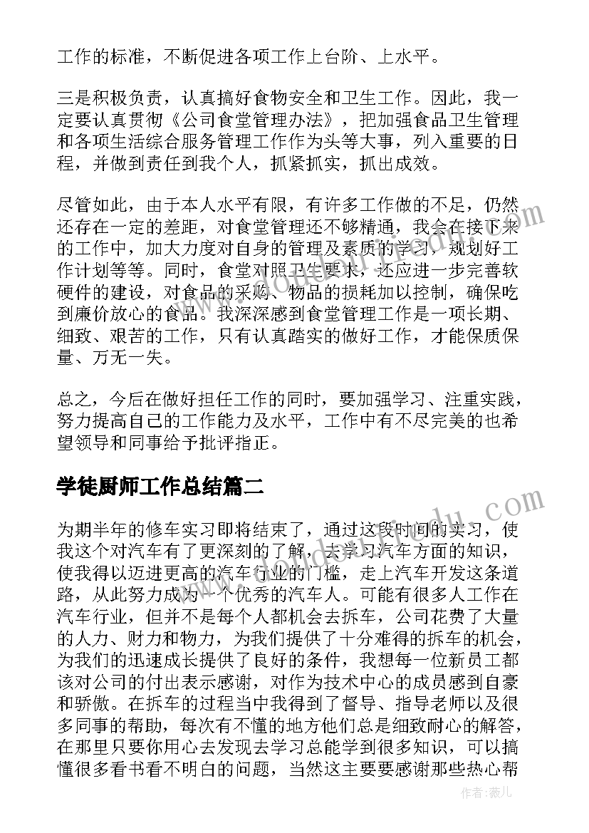 最新学徒厨师工作总结(精选8篇)