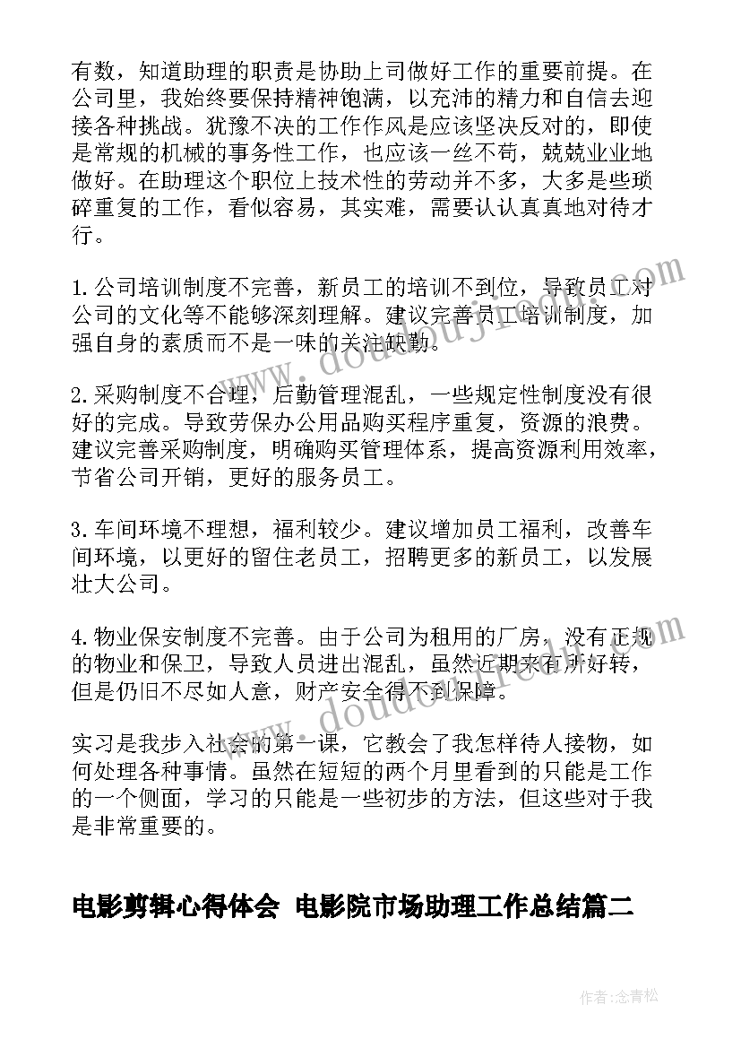 2023年电影剪辑心得体会 电影院市场助理工作总结(精选9篇)