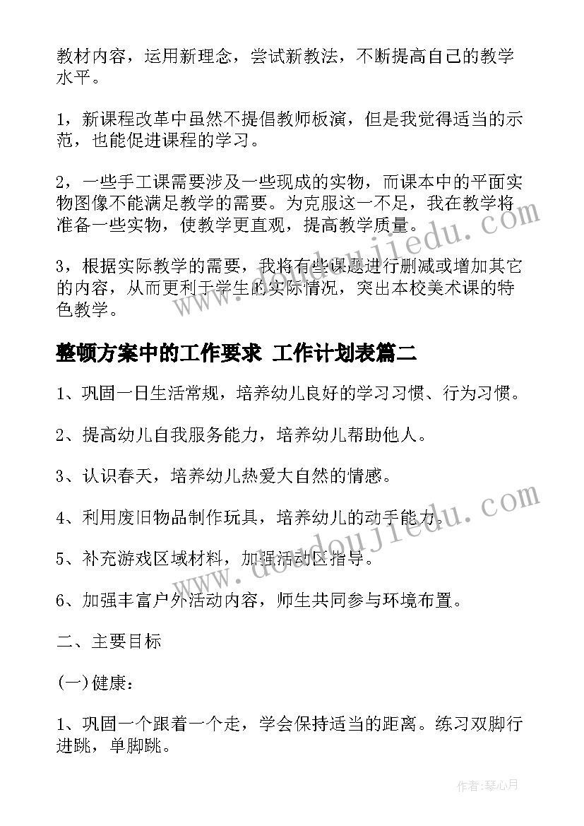 2023年整顿方案中的工作要求 工作计划表(精选7篇)