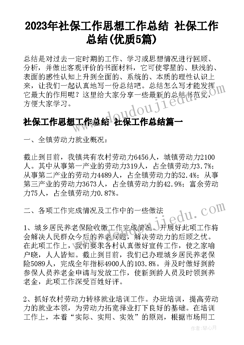 2023年社保工作思想工作总结 社保工作总结(优质5篇)