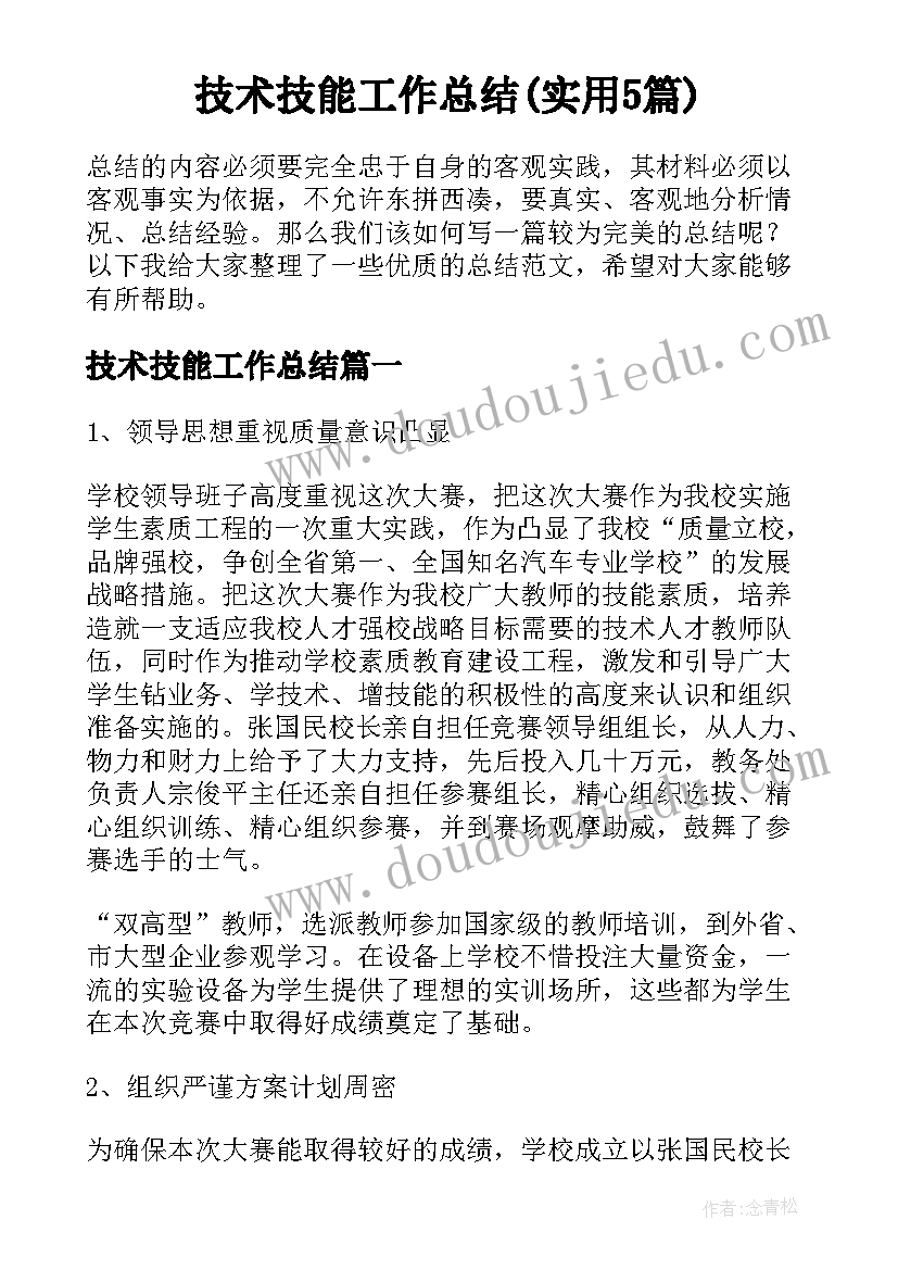 技术技能工作总结(实用5篇)