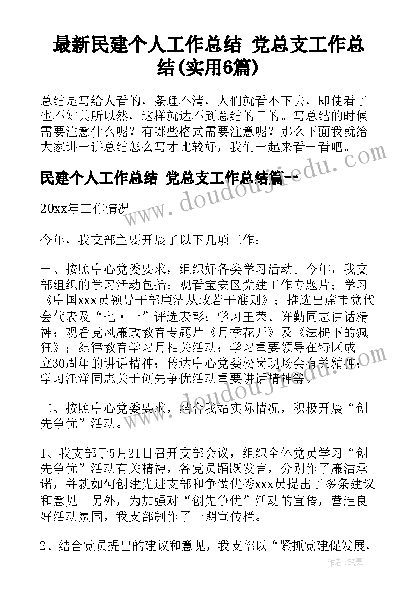 最新民建个人工作总结 党总支工作总结(实用6篇)