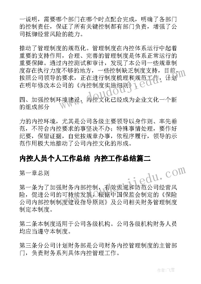 2023年内控人员个人工作总结 内控工作总结(实用7篇)