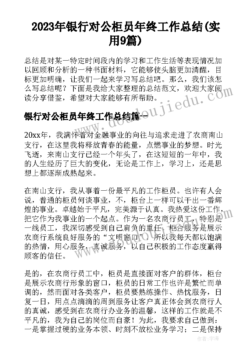 2023年银行对公柜员年终工作总结(实用9篇)