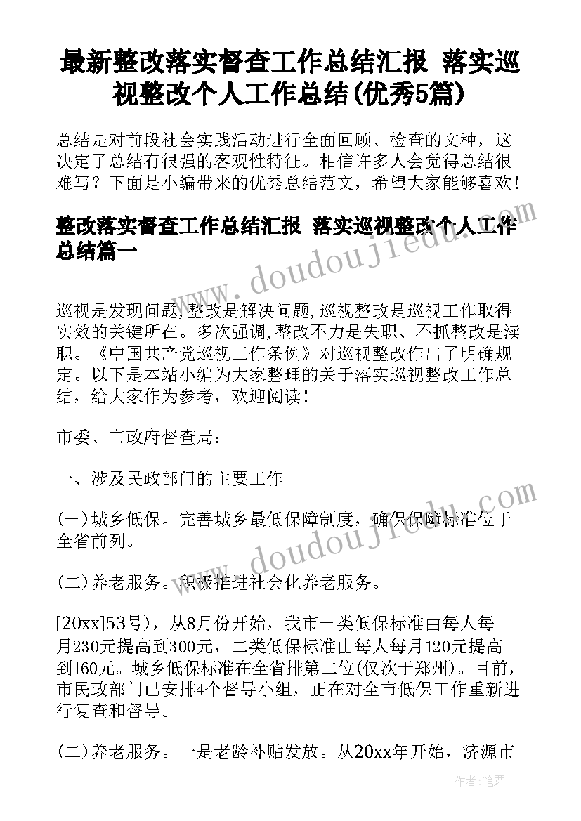 最新整改落实督查工作总结汇报 落实巡视整改个人工作总结(优秀5篇)