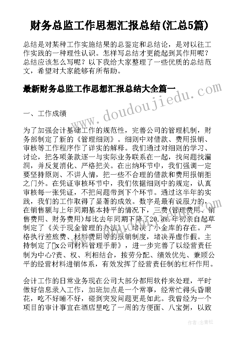 财务总监工作思想汇报总结(汇总5篇)