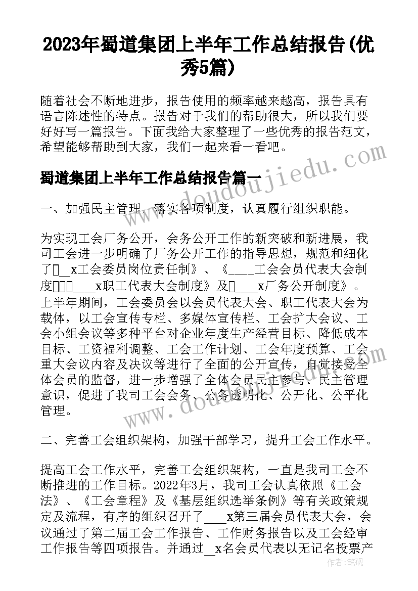 2023年蜀道集团上半年工作总结报告(优秀5篇)