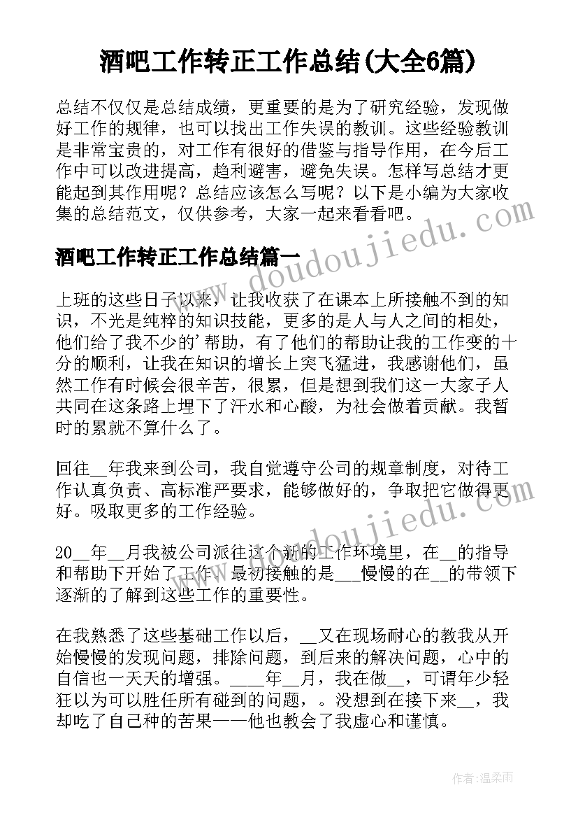 酒吧工作转正工作总结(大全6篇)