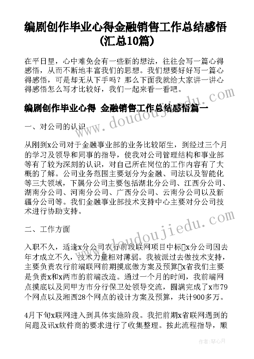 编剧创作毕业心得 金融销售工作总结感悟(汇总10篇)