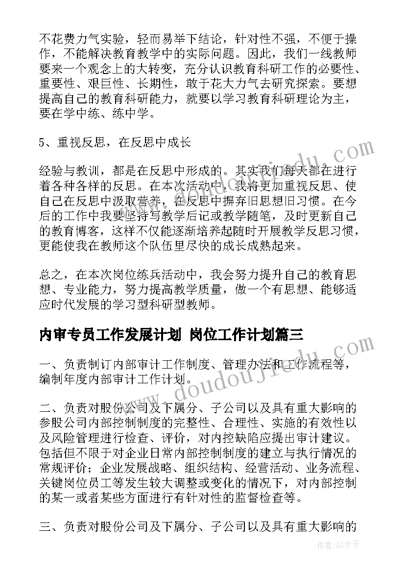 2023年内审专员工作发展计划 岗位工作计划(大全9篇)