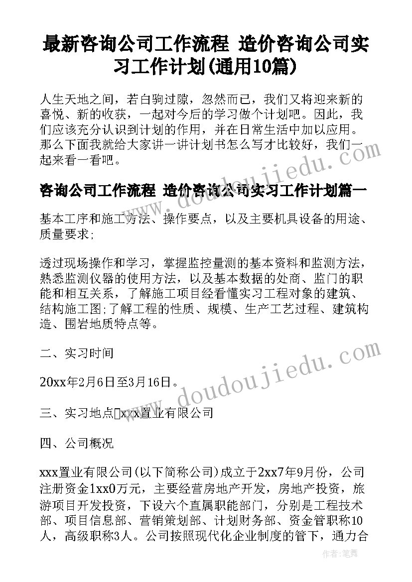 最新咨询公司工作流程 造价咨询公司实习工作计划(通用10篇)