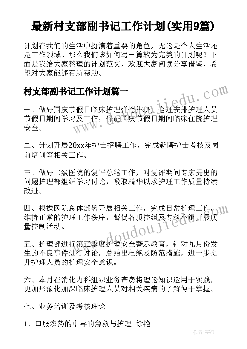 最新村支部副书记工作计划(实用9篇)