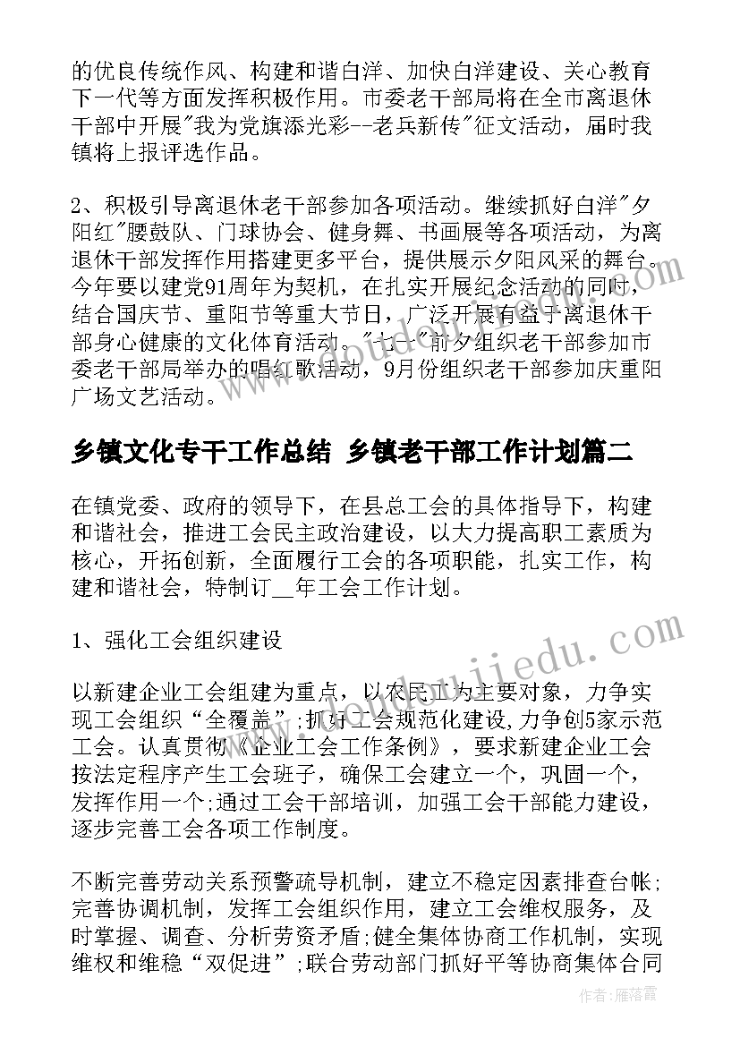 乡镇文化专干工作总结 乡镇老干部工作计划(实用5篇)