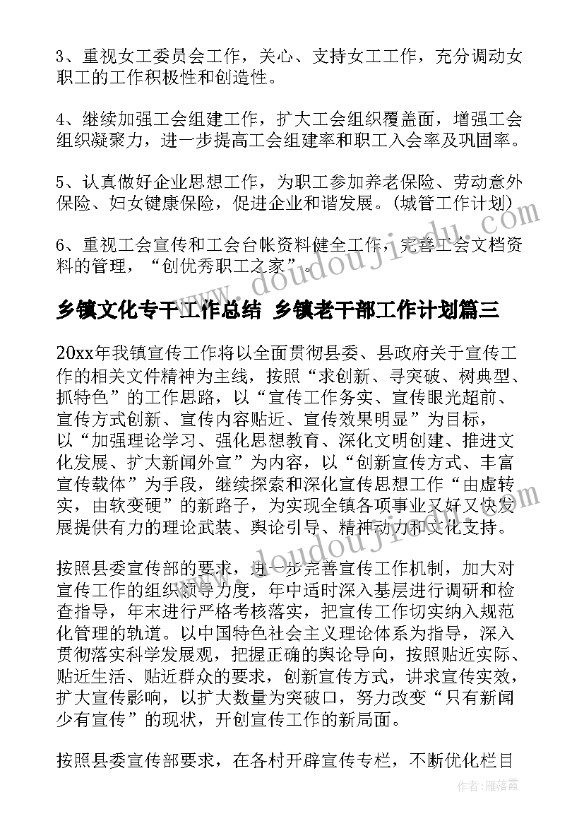 乡镇文化专干工作总结 乡镇老干部工作计划(实用5篇)