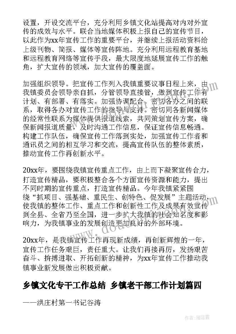 乡镇文化专干工作总结 乡镇老干部工作计划(实用5篇)