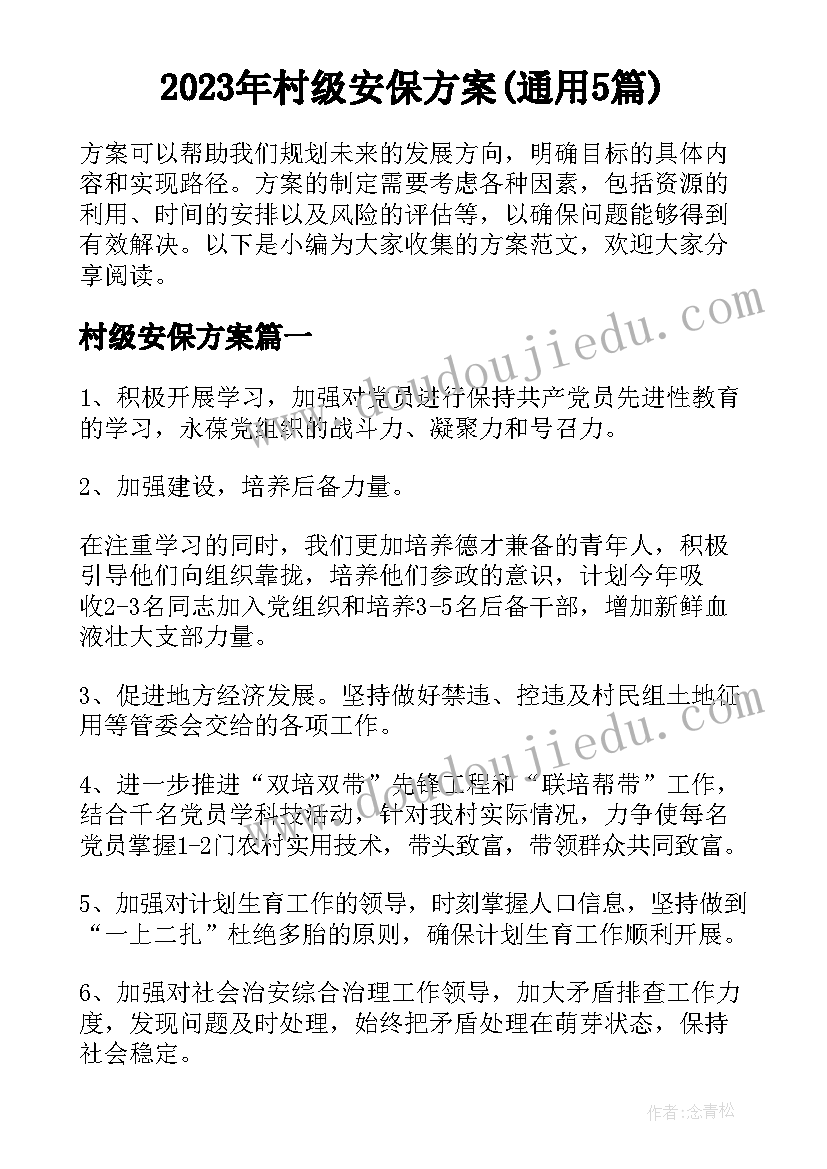 2023年村级安保方案(通用5篇)