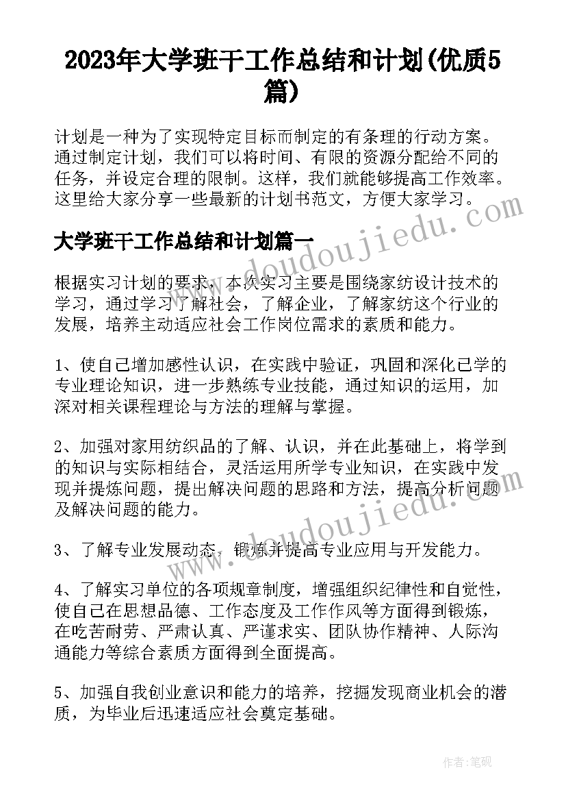 2023年大学班干工作总结和计划(优质5篇)