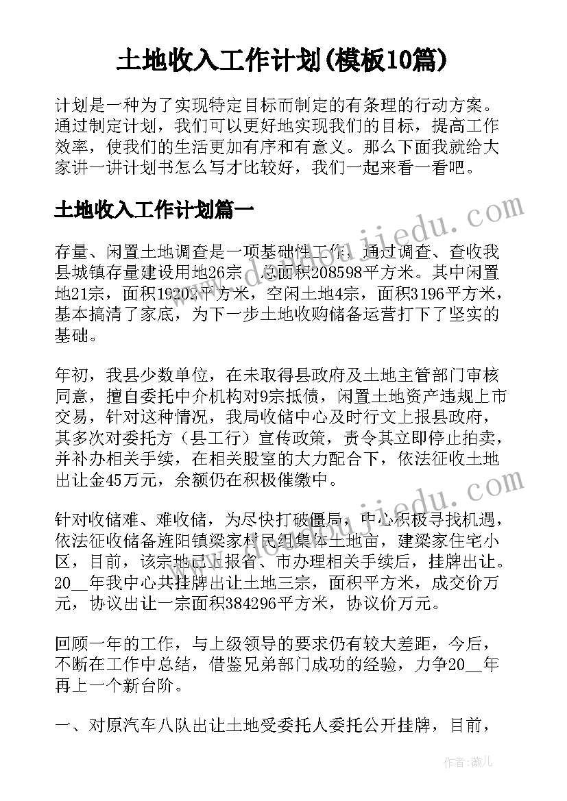 土地收入工作计划(模板10篇)