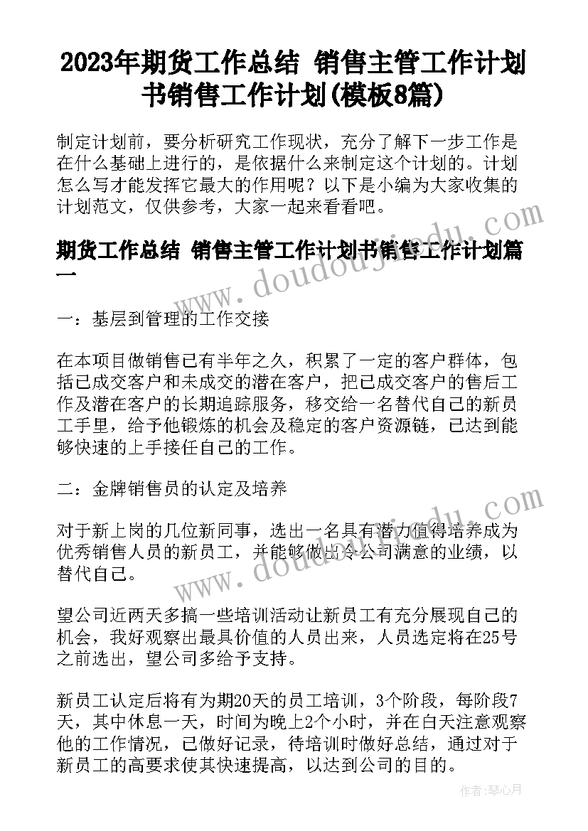 2023年期货工作总结 销售主管工作计划书销售工作计划(模板8篇)