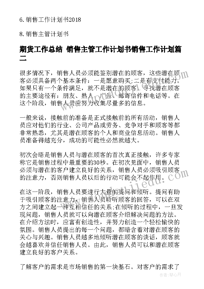 2023年期货工作总结 销售主管工作计划书销售工作计划(模板8篇)