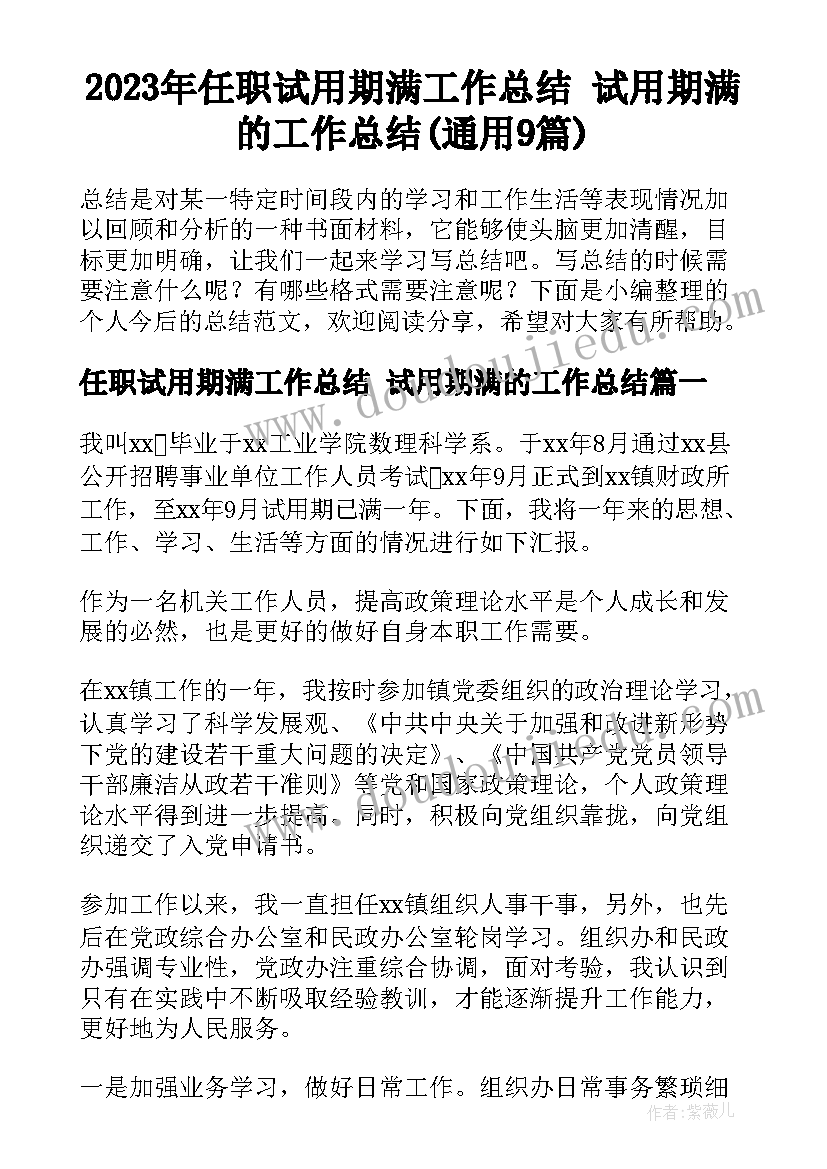 2023年任职试用期满工作总结 试用期满的工作总结(通用9篇)