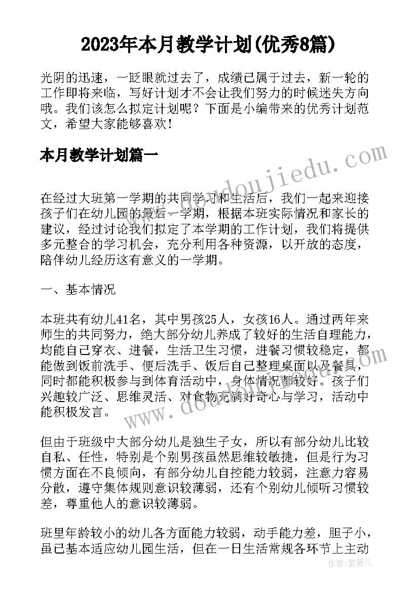 2023年本月教学计划(优秀8篇)