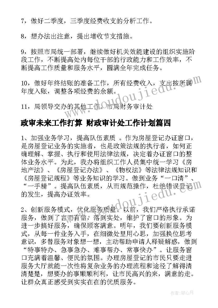 最新政审未来工作打算 财政审计处工作计划(大全5篇)