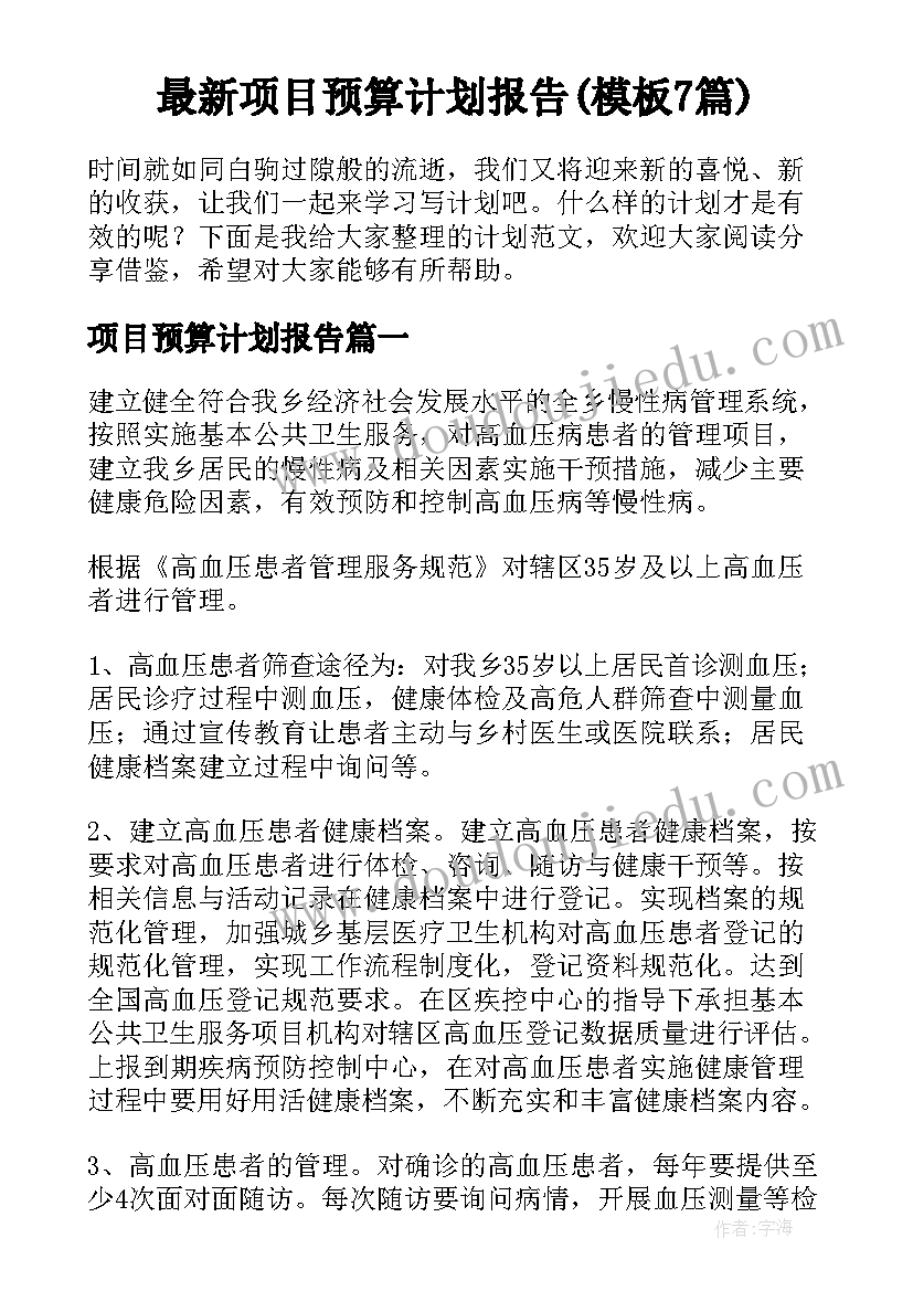 最新项目预算计划报告(模板7篇)