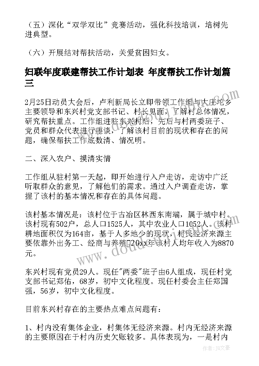 2023年妇联年度联建帮扶工作计划表 年度帮扶工作计划(模板6篇)