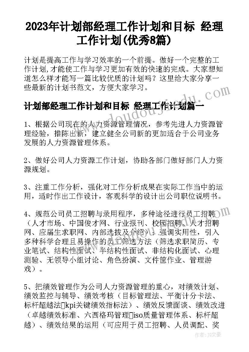 2023年计划部经理工作计划和目标 经理工作计划(优秀8篇)