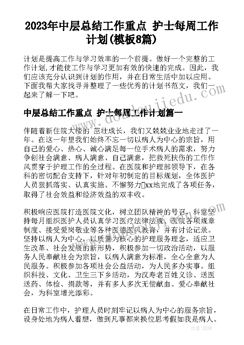 2023年中层总结工作重点 护士每周工作计划(模板8篇)