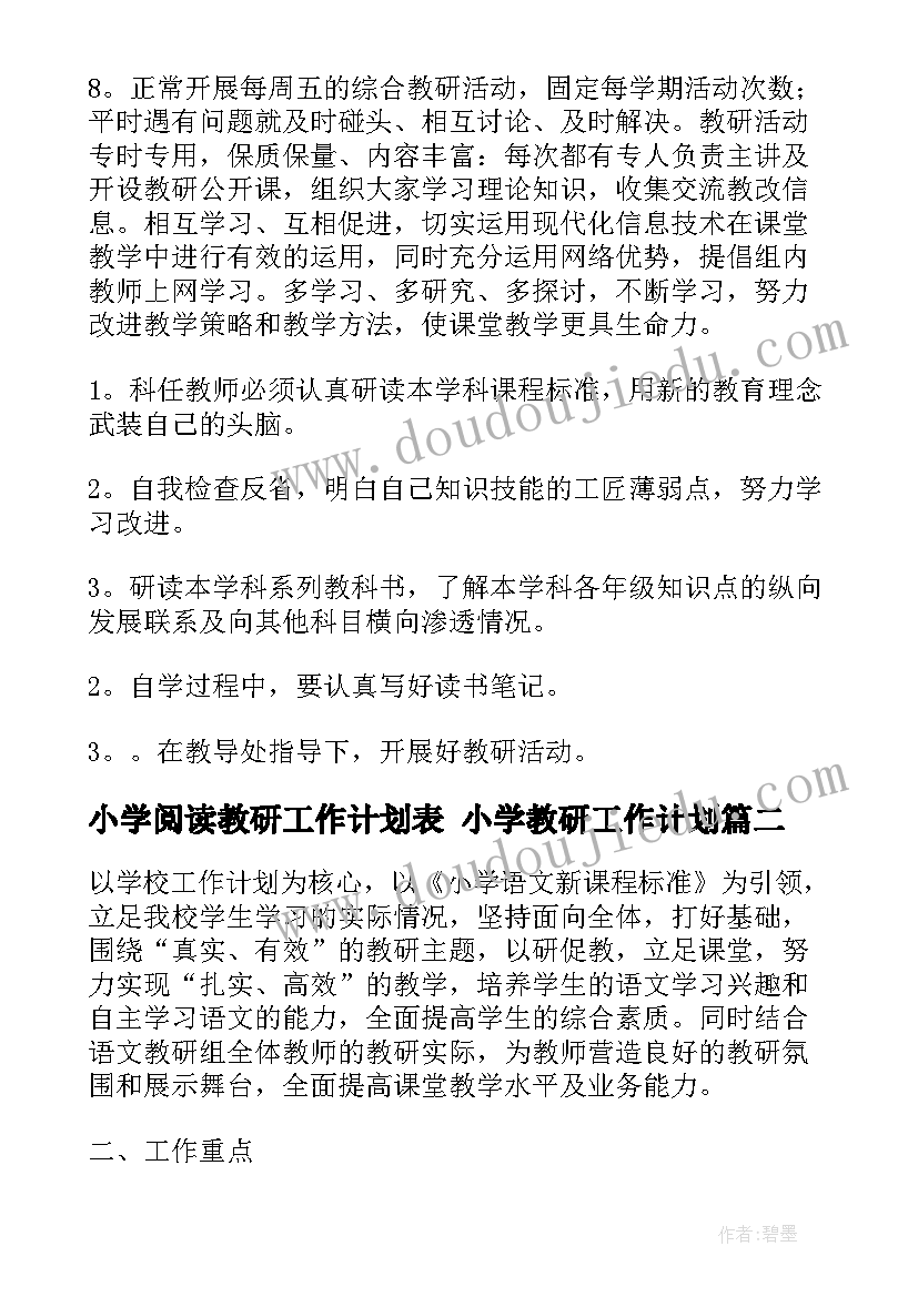 2023年小学阅读教研工作计划表 小学教研工作计划(通用6篇)