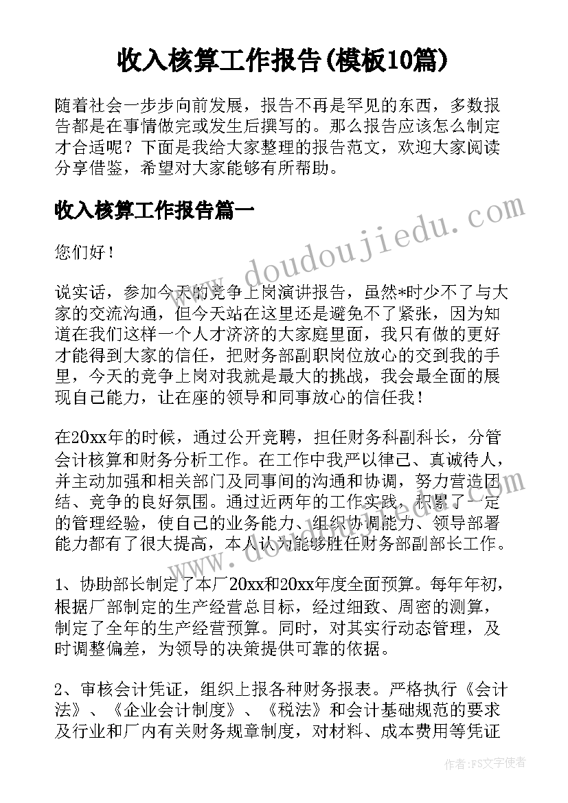 收入核算工作报告(模板10篇)