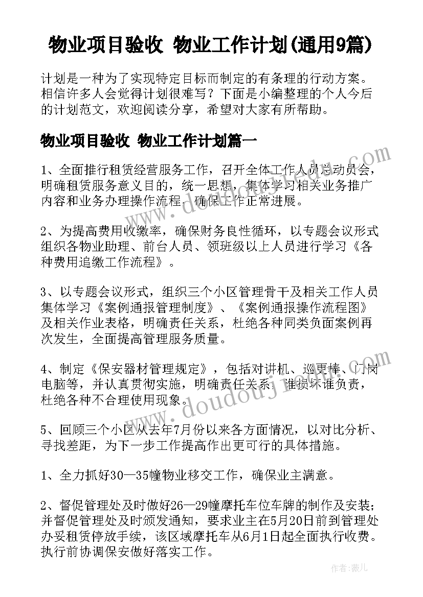 物业项目验收 物业工作计划(通用9篇)